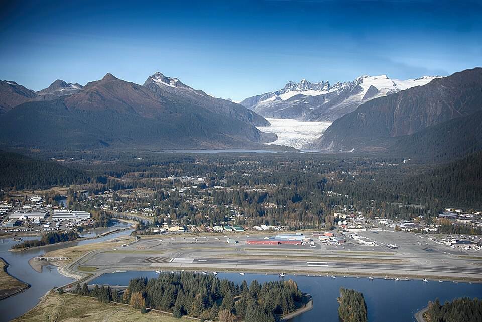 Aerial view over the Mendenhall Valley and Juneau airport towards the glacier