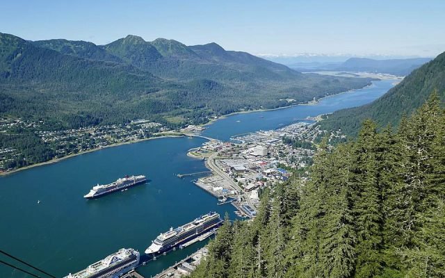 Cruise ships docked in Juneau seen from high on Mount Roberts