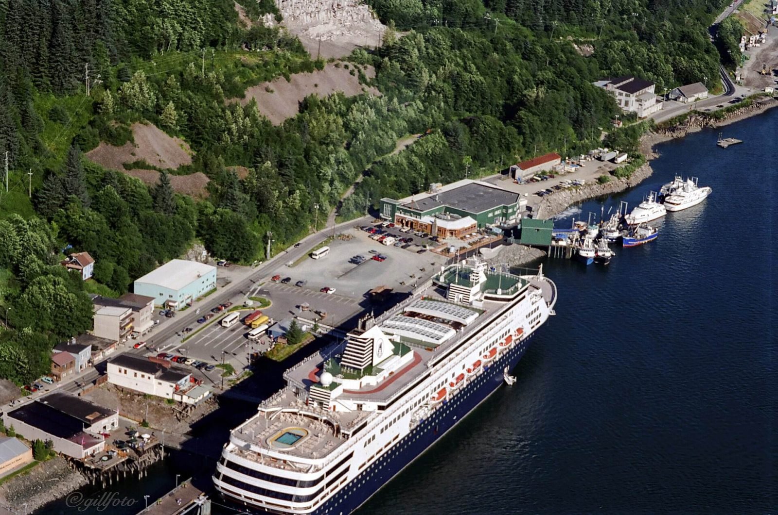 A cruise ship moored at the downtown Juneau docks, seen from high on the mountainside